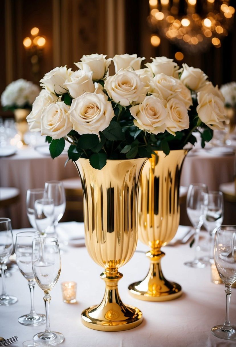 Opulent golden vases hold white roses on a lavish wedding table