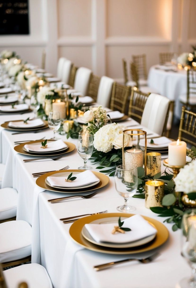 A table set with white linen cloths and gold and white decorations for a wedding