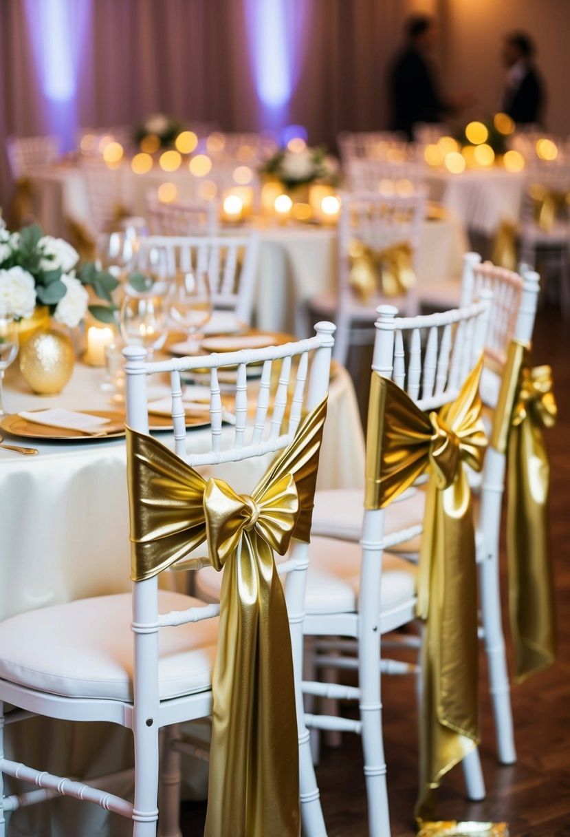 Metallic gold chair sashes draped over white chairs at a wedding reception table adorned with gold and white decorations
