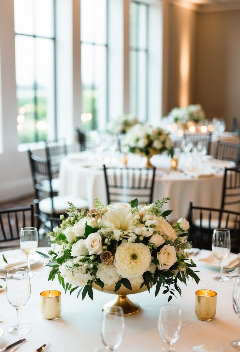 Gold and white floral centerpieces adorn elegant wedding tables