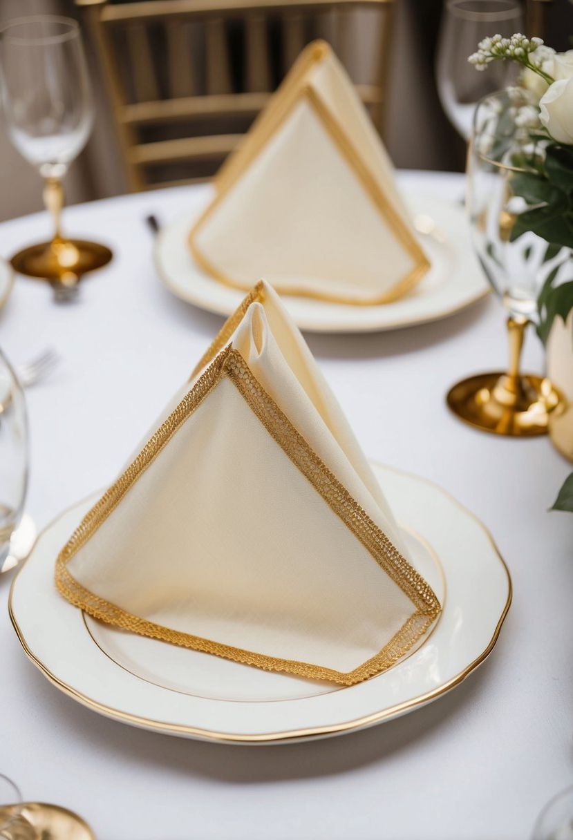 Ivory napkins with gold trim arranged on a white table with gold accents