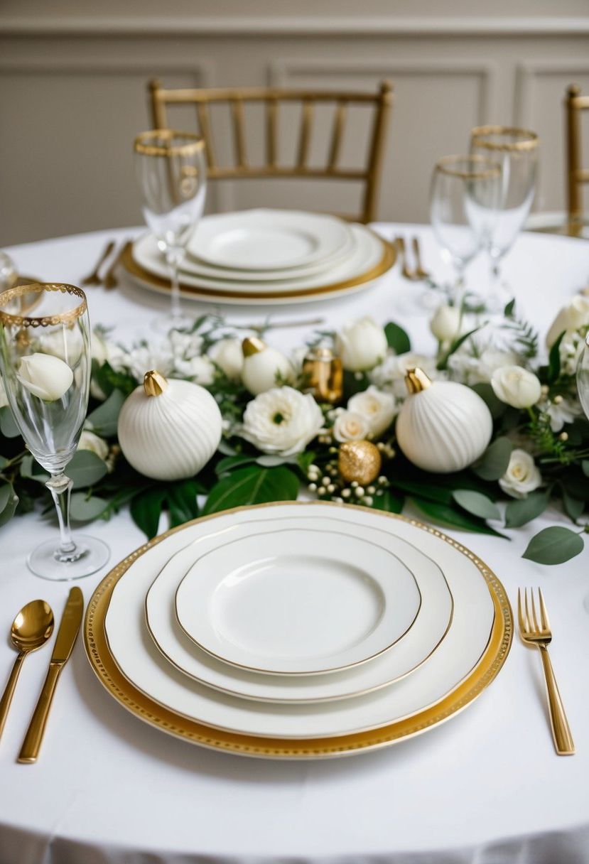 Elegant white porcelain dinnerware with gold accents set on a white table adorned with gold and white wedding decorations