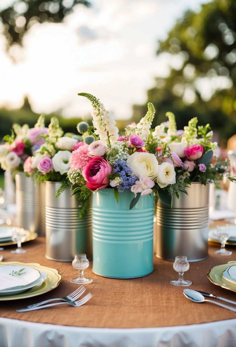 Floral arrangements fill vintage tea tins on a whimsical wedding table