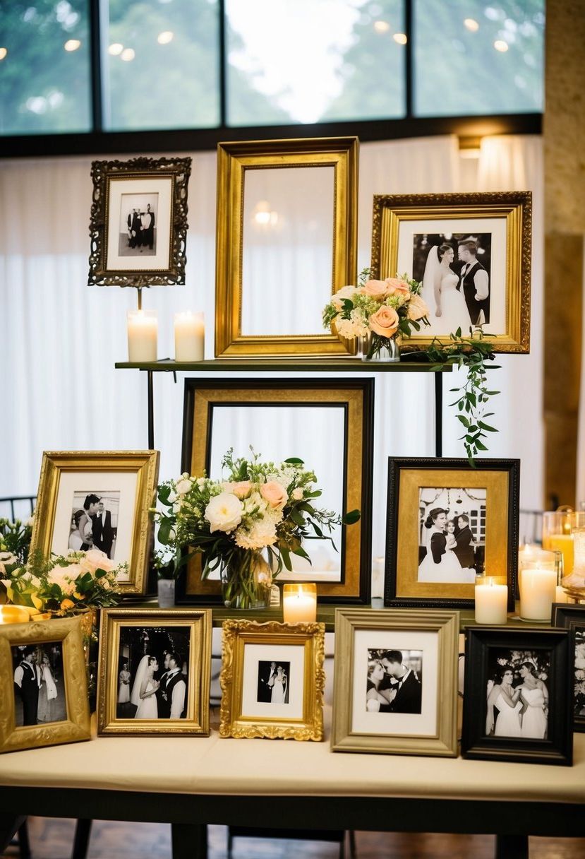 Vintage frames of various sizes and styles arranged on a table, each displaying a different black and white photo. Flowers and candles add to the eclectic wedding decor