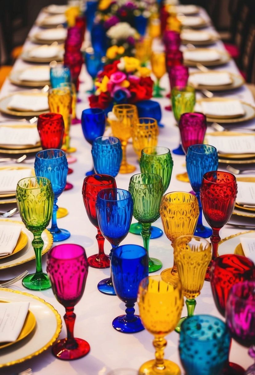 A vibrant array of colorful glassware adorns a wedding table, creating an eclectic and festive atmosphere