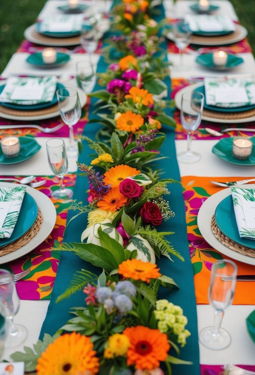Botanical table runners weave through vibrant eclectic wedding table decor