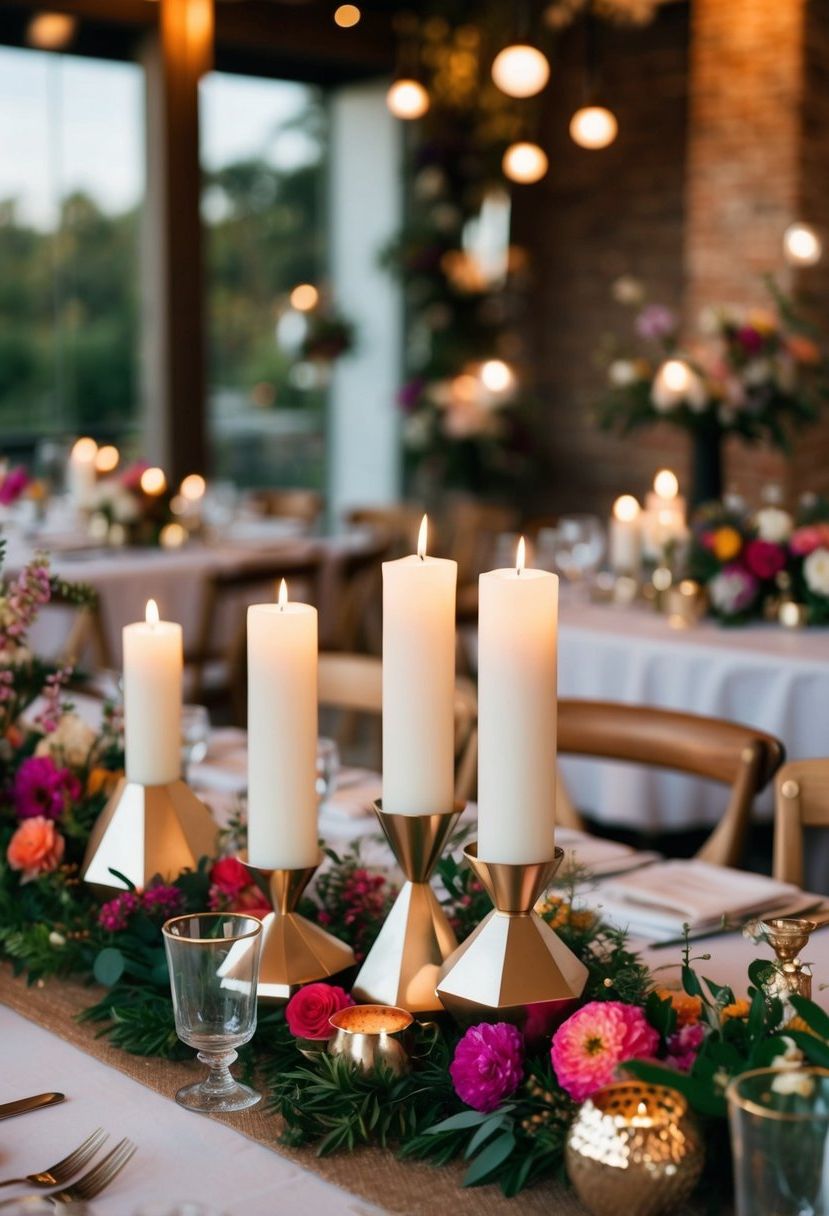 Geometric candle holders arranged on an eclectic wedding table with vibrant florals and mixed metallic accents