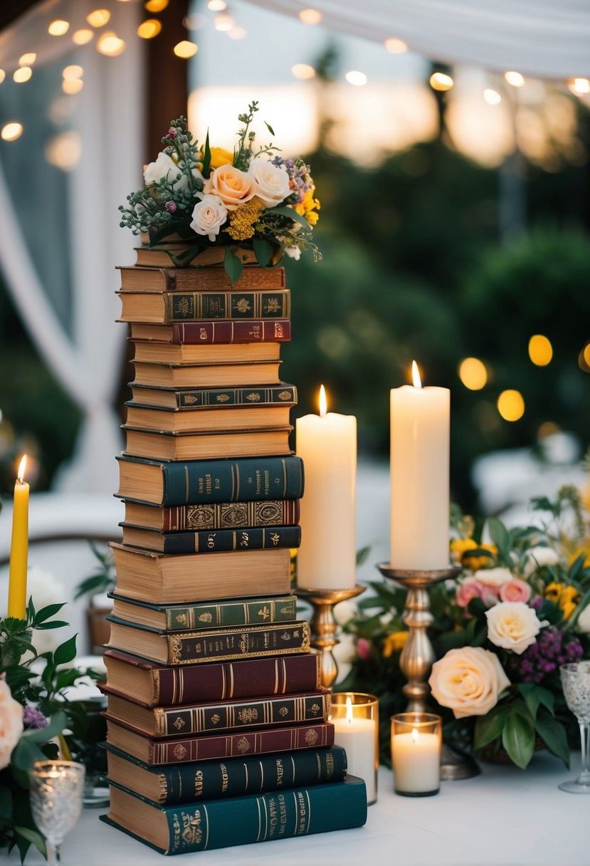 Vintage books stacked in various heights, adorned with flowers and candles, create an eclectic wedding table centerpiece