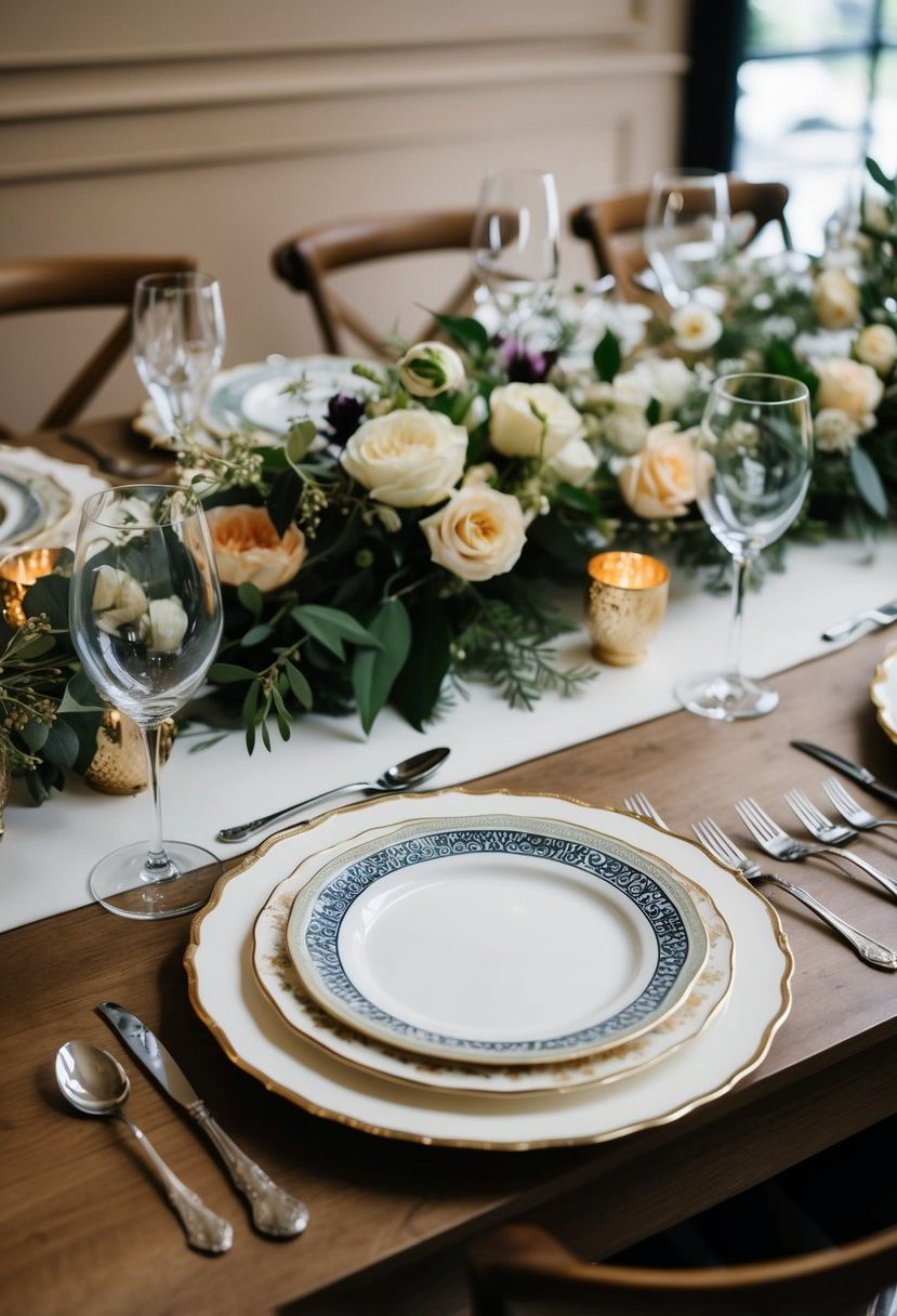 A table adorned with a mix of vintage and modern plates, creating an eclectic and stylish wedding table decoration