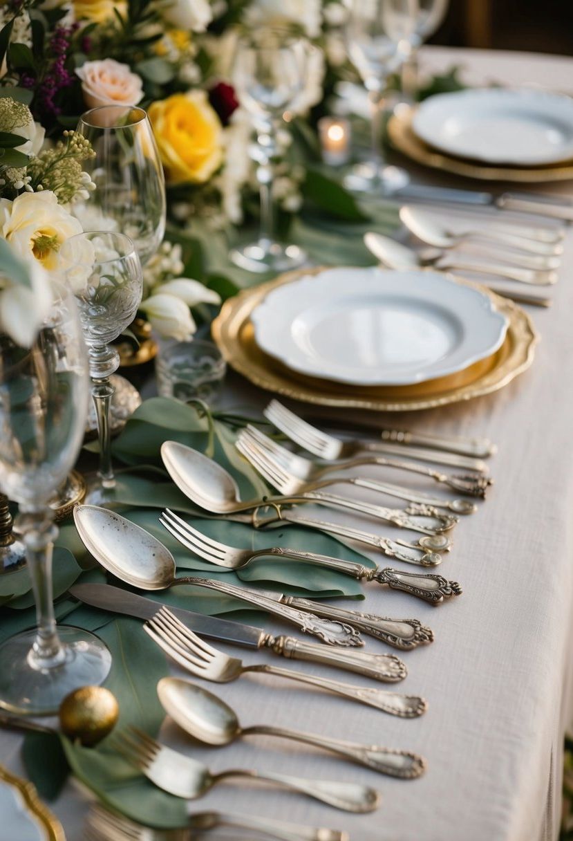 An array of antique flatware adorns a wedding table, mixed with eclectic elements for a charming and unique decoration