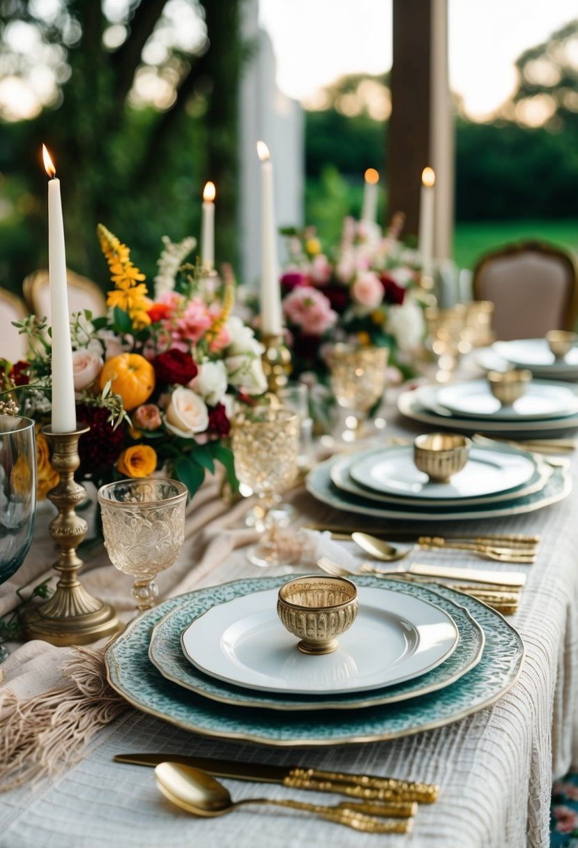 A table set with layered textured linens, adorned with an eclectic mix of floral centerpieces, vintage candle holders, and ornate dinnerware