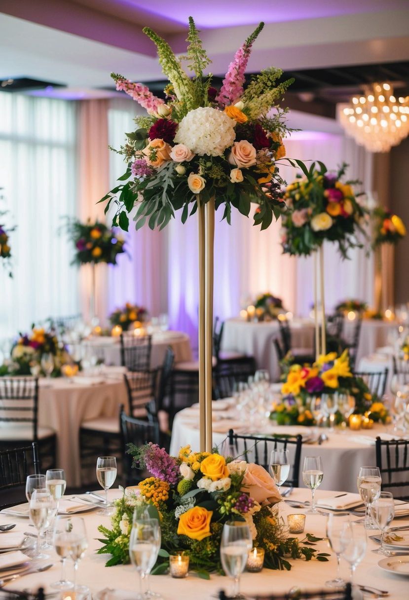 A mix of tall and short centerpieces adorn the tables, featuring a variety of flowers, greenery, and unique decor elements, creating an eclectic and vibrant wedding atmosphere