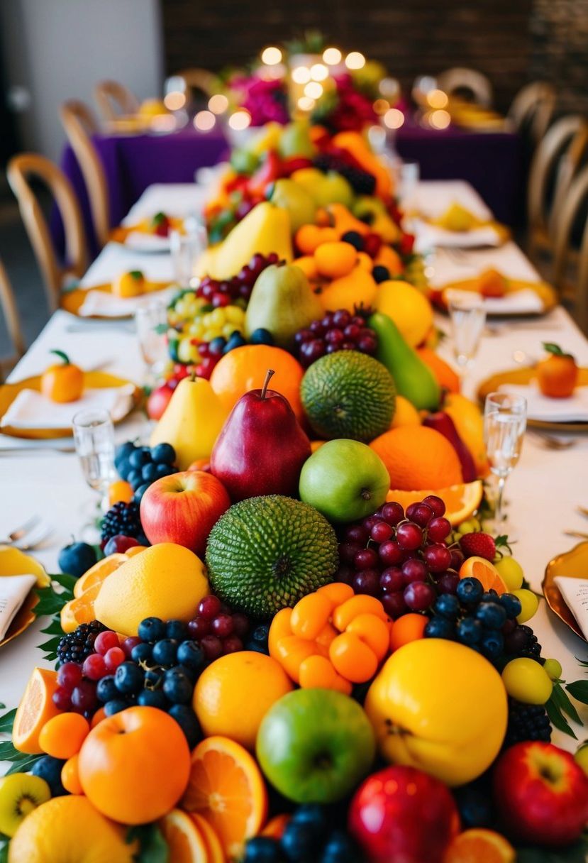 A colorful array of seasonal fruits arranged in a vibrant and eclectic wedding table centerpiece