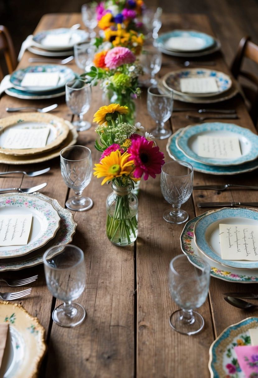A rustic wooden table adorned with mismatched vintage plates, colorful flowers, and handwritten notes tied to each place setting