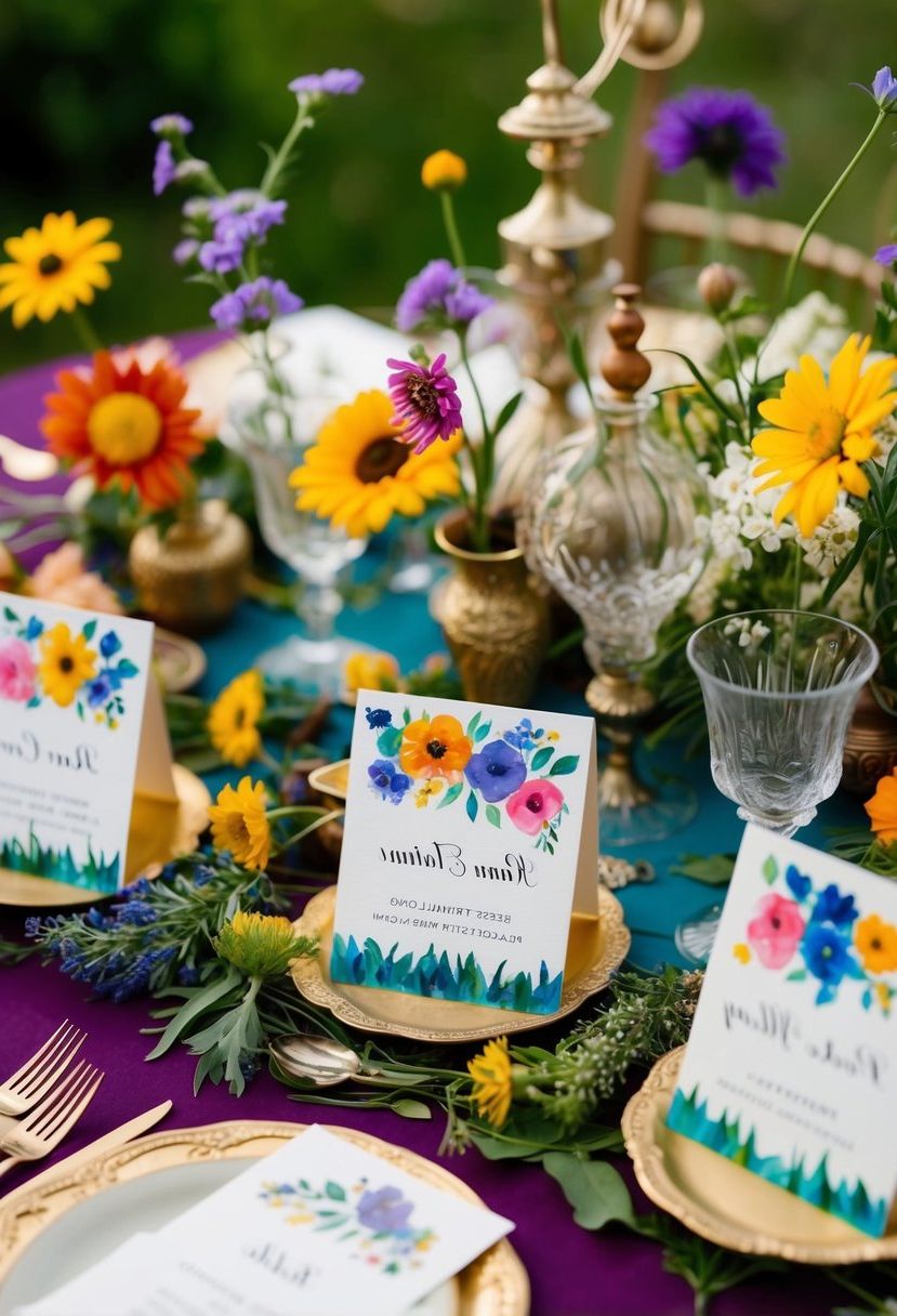 Colorful, hand-painted place cards arranged among vintage trinkets and wildflowers on a whimsical, eclectic wedding table