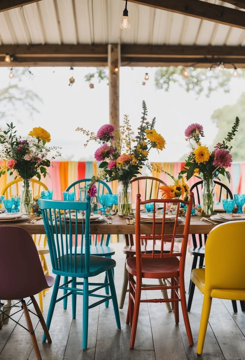 Mismatched chairs surround a bohemian wedding table, each chair unique in style and color. Bright flowers and vintage tableware complete the eclectic look