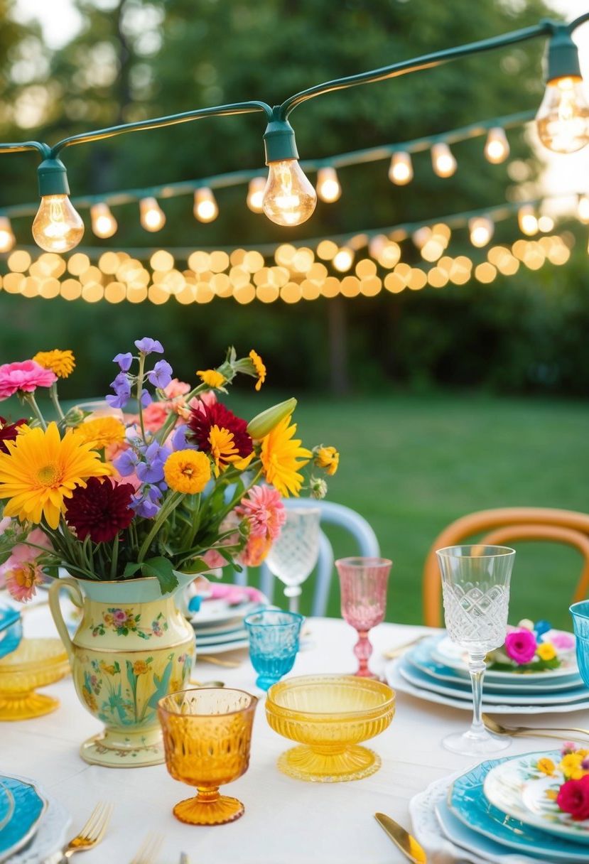 String lights hang over a table adorned with colorful flowers, mismatched china, and vintage glassware