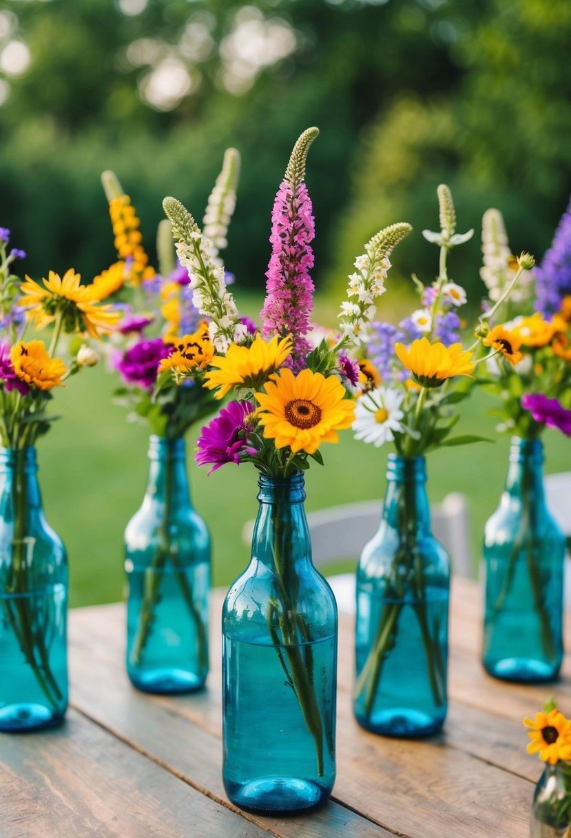 Bottle vases filled with colorful wildflowers arranged on a rustic wooden table for a budget-friendly wedding decoration