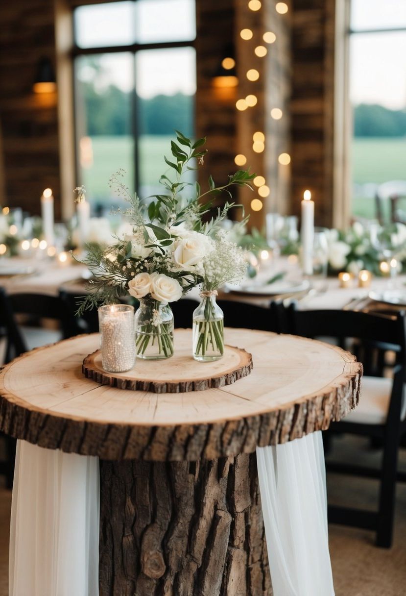 A rustic wood slice table adorned with simple yet elegant wedding decorations