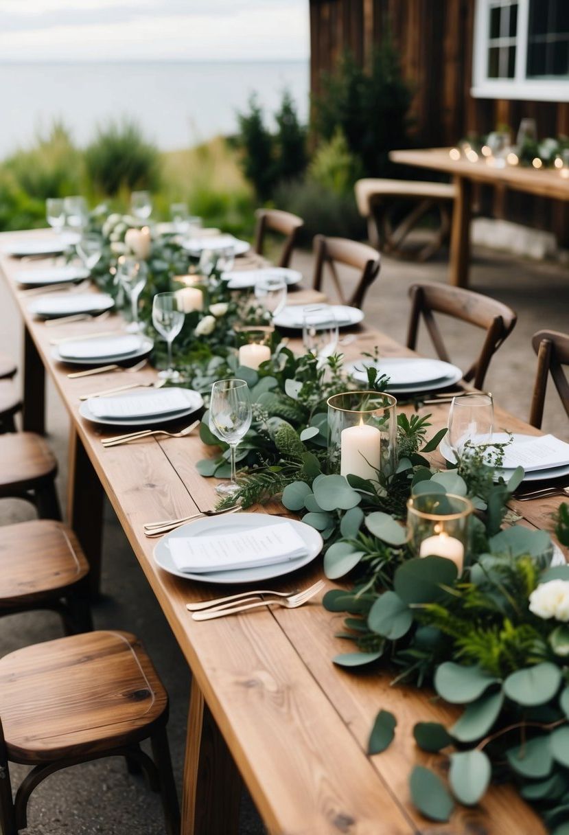 A rustic wooden wedding table adorned with greenery garlands of eucalyptus and affordable floral decorations