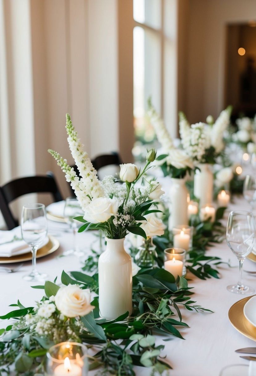 A table adorned with simple white floral arrangements, creating an elegant and affordable wedding decoration idea