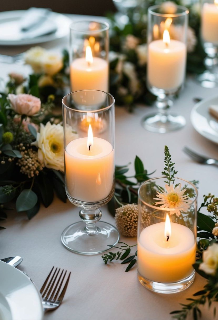 A table set with floating candle centerpieces in glass vases, surrounded by delicate flowers and greenery