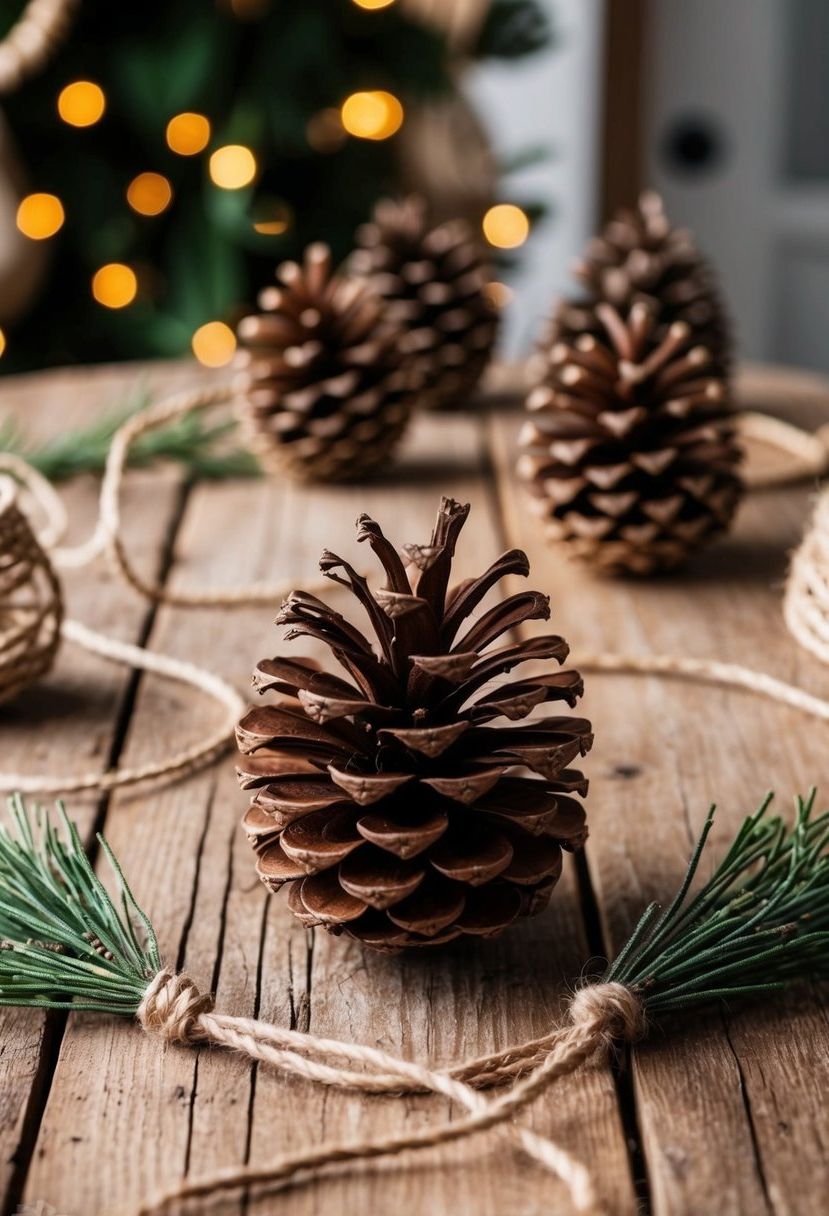 A rustic table adorned with pinecones and twine decorations