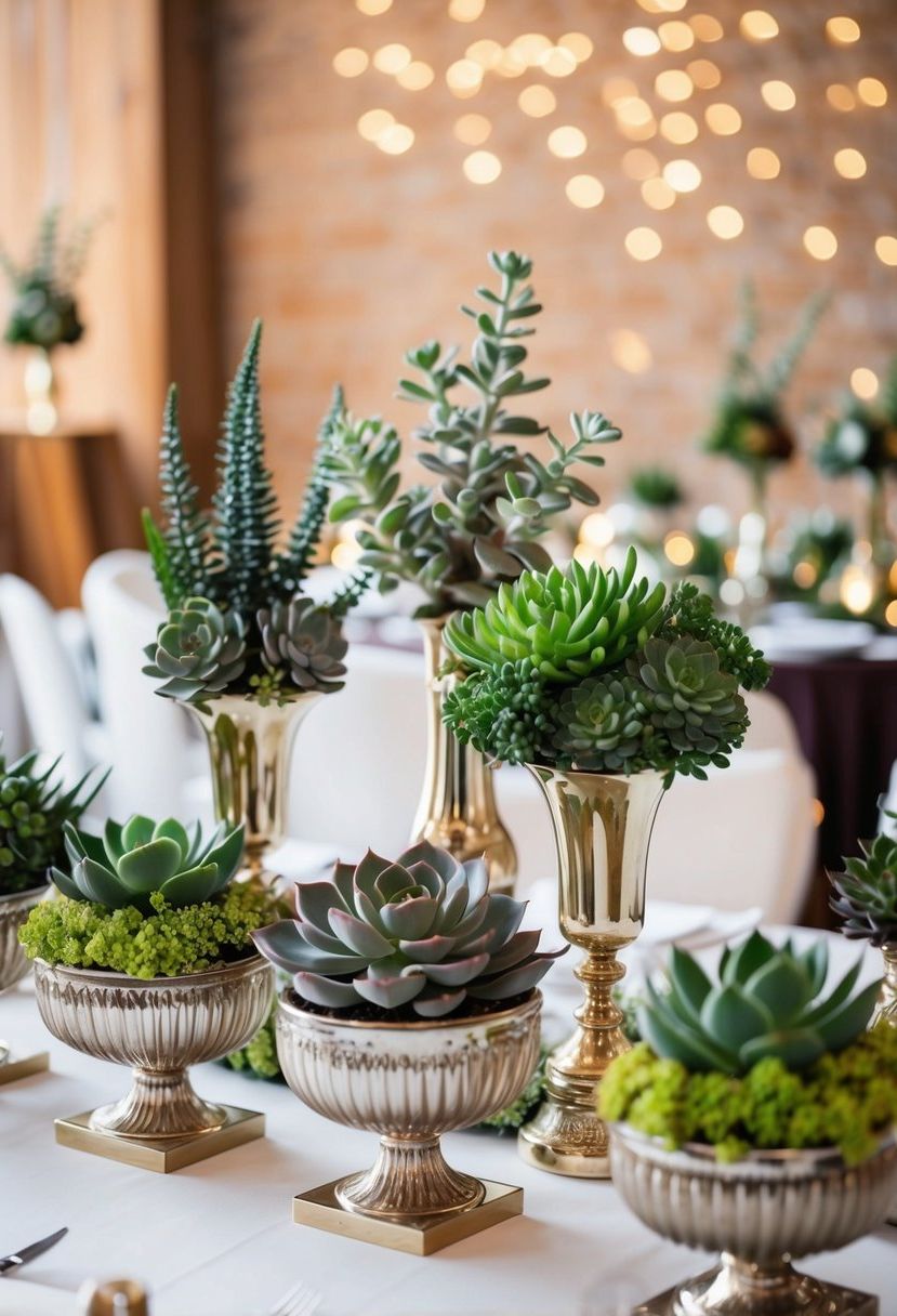 A table adorned with various succulent arrangements in elegant vases, creating a beautiful and affordable wedding decoration