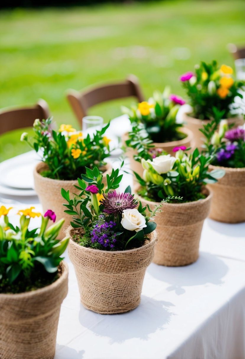 Several hessian-wrapped pots arranged on a table, filled with vibrant flowers and greenery, serving as affordable wedding table decorations