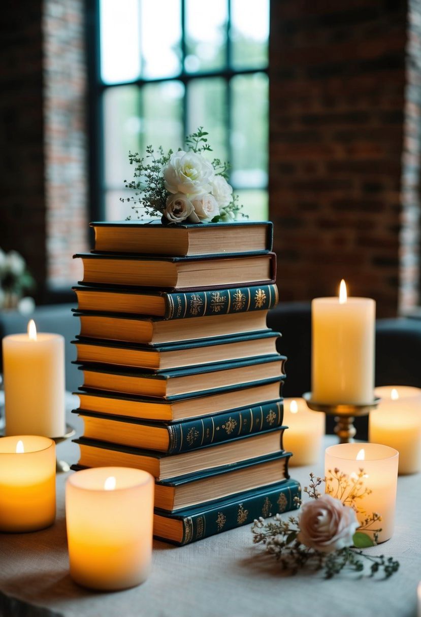 A stack of vintage books arranged on a table, adorned with delicate flowers and surrounded by flickering candles