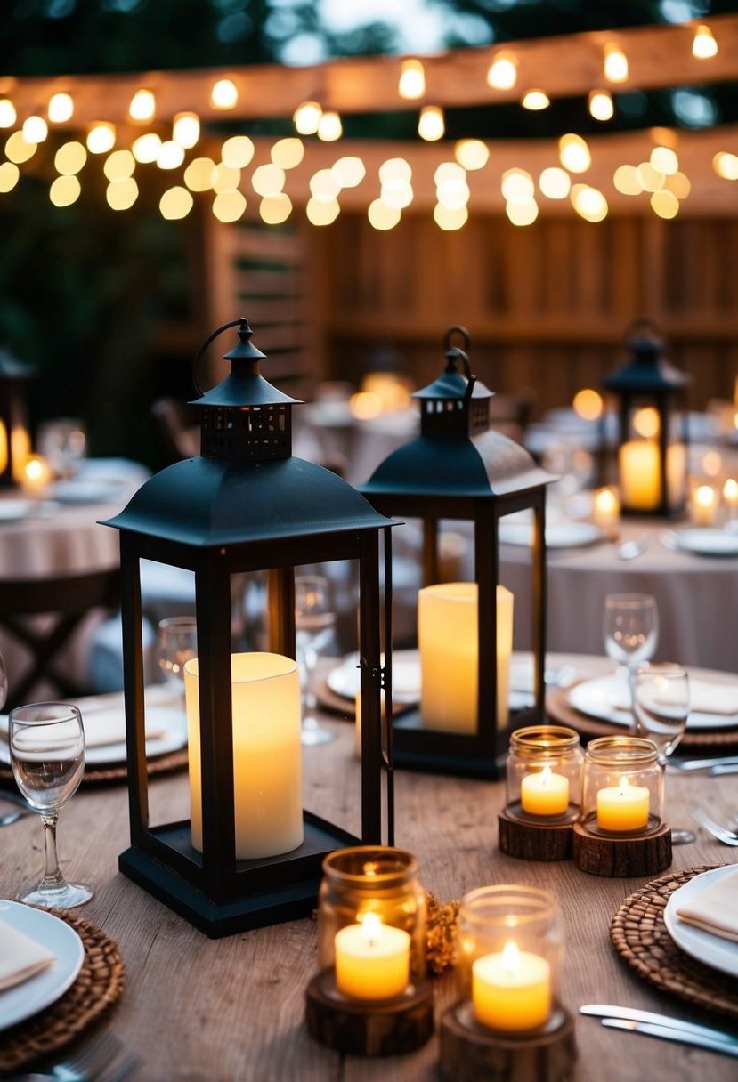 Antique lanterns adorned with tea lights illuminate rustic wedding tables