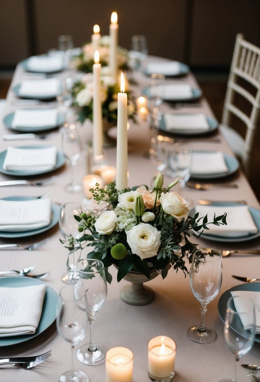 A table adorned with simple floral centerpieces, candles, and elegant linens, creating a beautiful and affordable wedding decoration