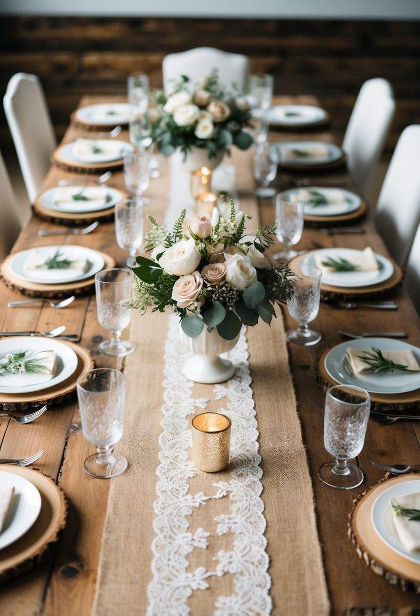 A rustic wooden table adorned with burlap and lace runners, set with elegant tableware and floral centerpieces