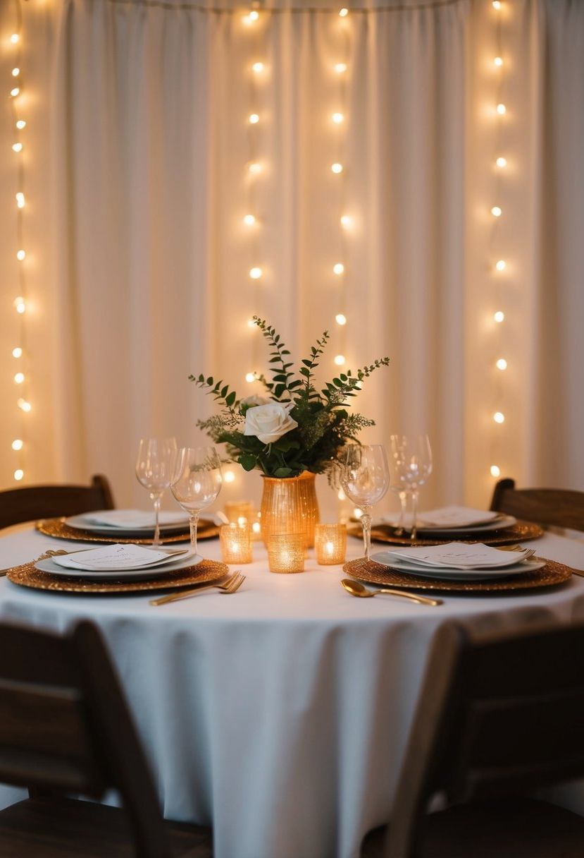 A table adorned with twinkle lights casting a soft, warm glow