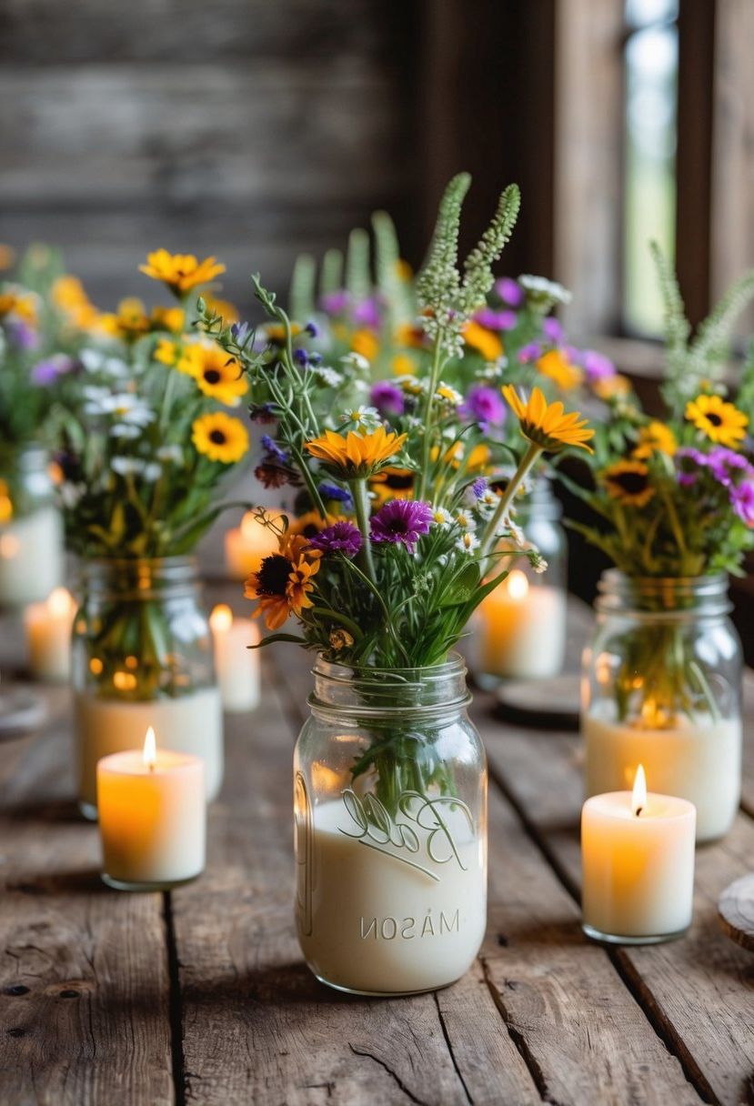 Mason jars filled with wildflowers and candles arranged on rustic wooden tables