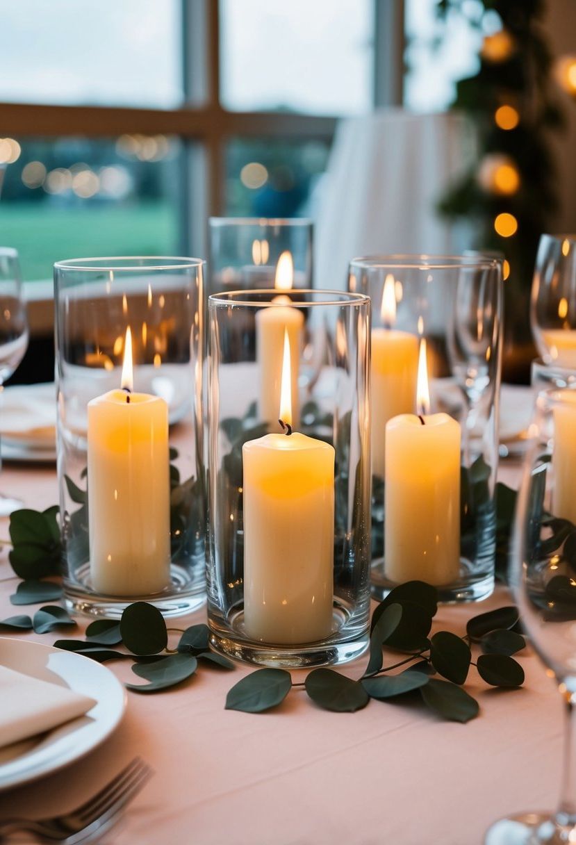 Several clear glass candle holders with lit candles, arranged on a wedding reception table