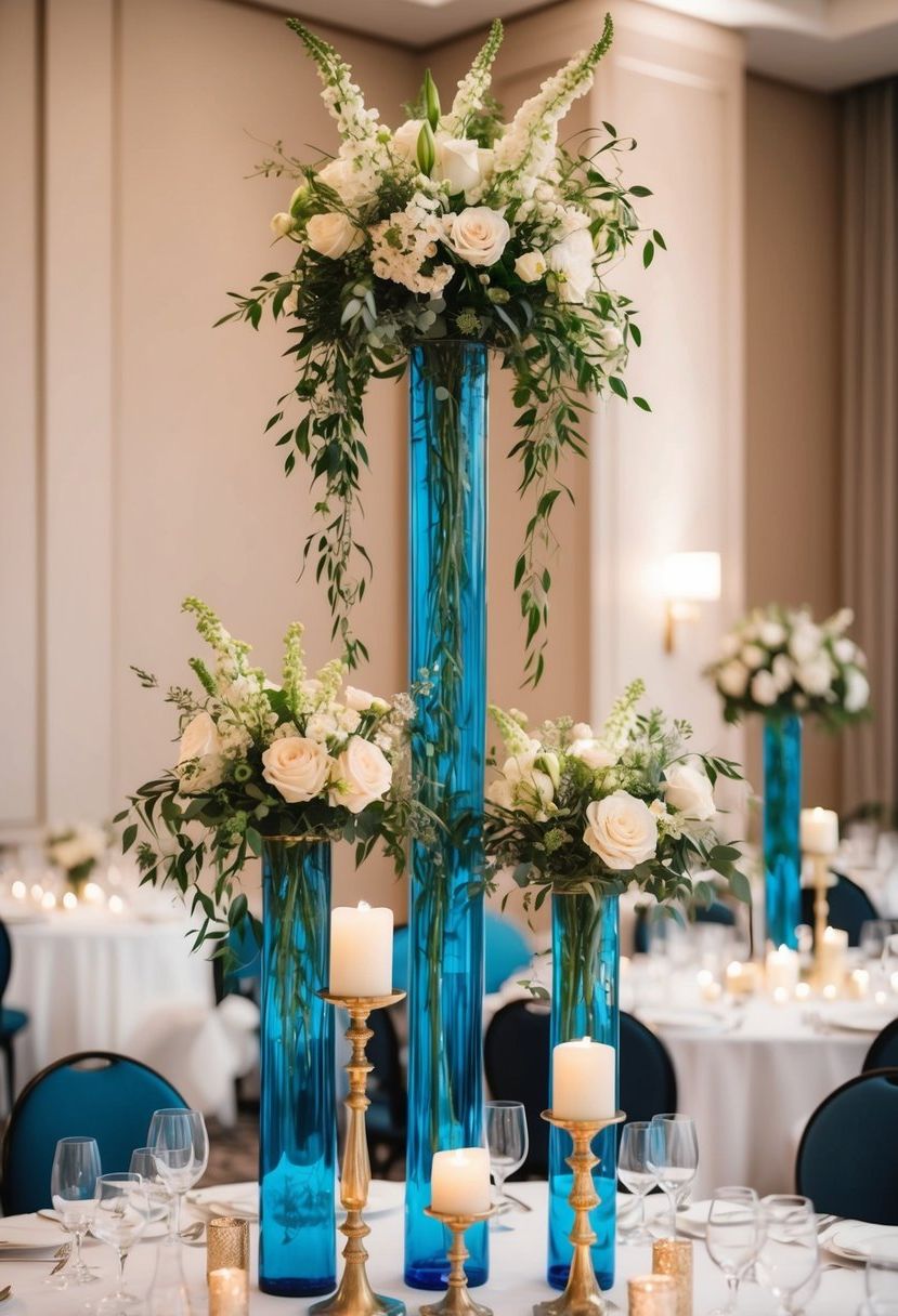 A mix of tall vases with cascading florals and short candle holders create dynamic height for wedding table decor