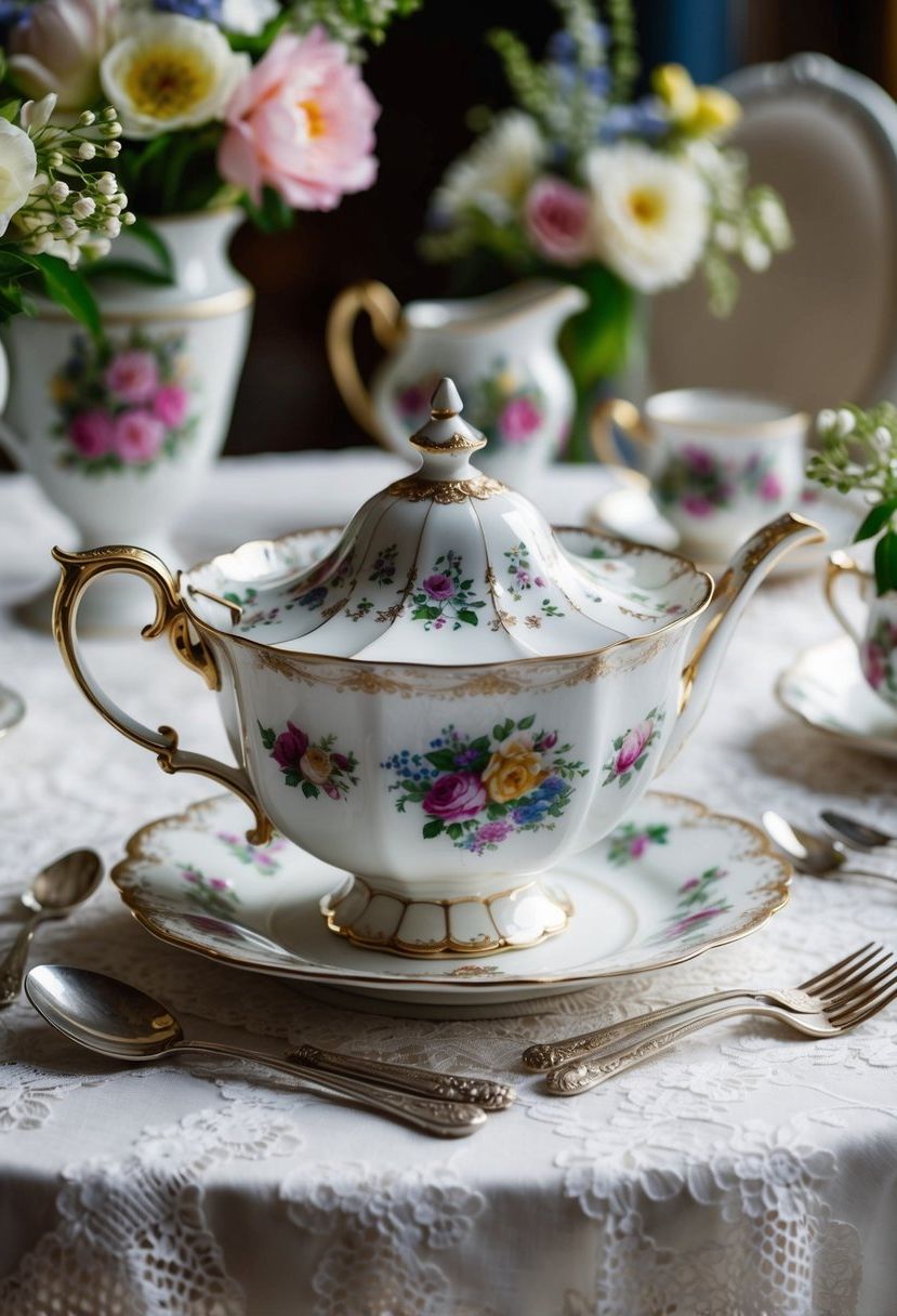 An ornate vintage china tea set on a lace tablecloth, surrounded by delicate floral centerpieces and antique silverware
