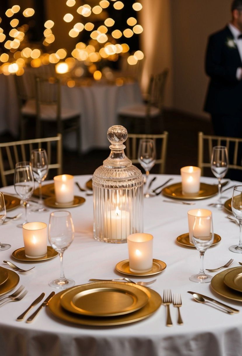 Votives and chargers arranged on a round table, casting a soft glow in an elegant wedding setting