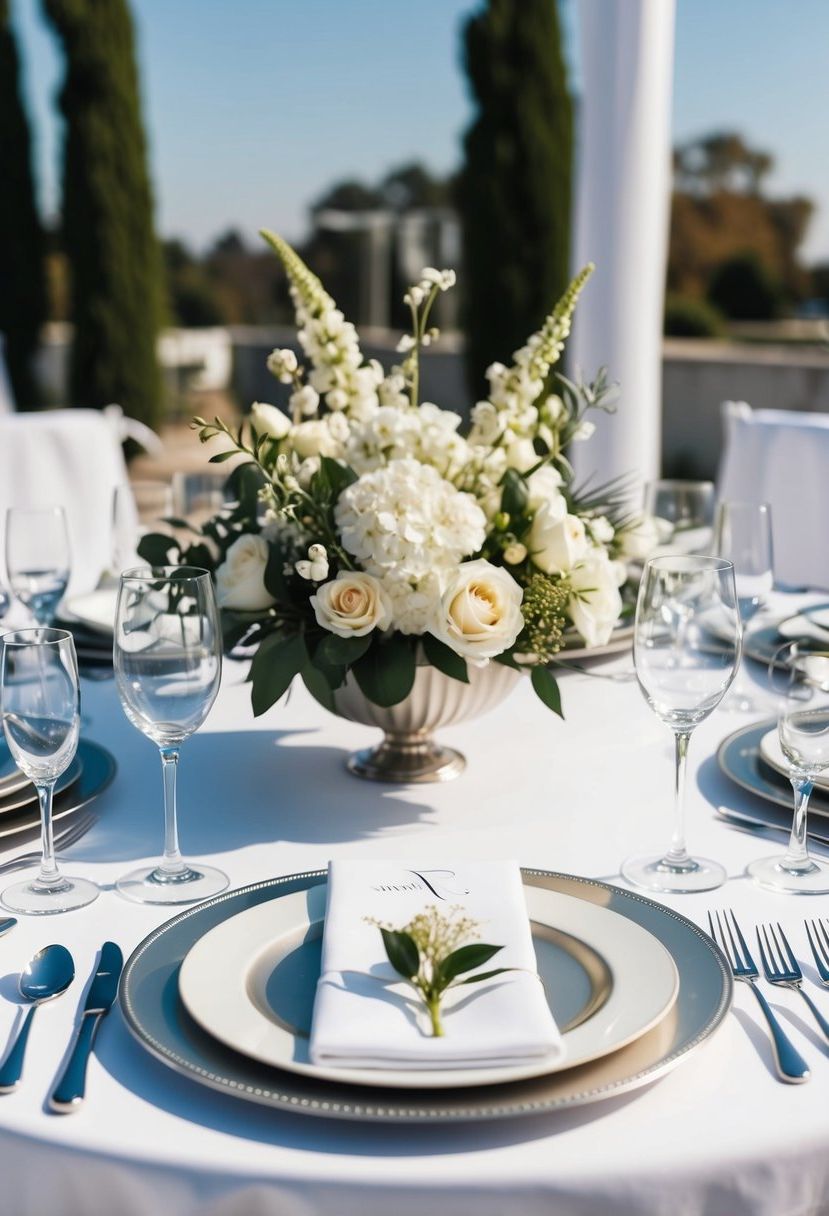 A table set with silver cutlery, white linen, and elegant floral centerpieces for a modern wedding