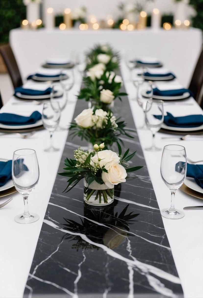 A sleek marble table runner adorns a modern wedding table, adding an elegant touch to the decor