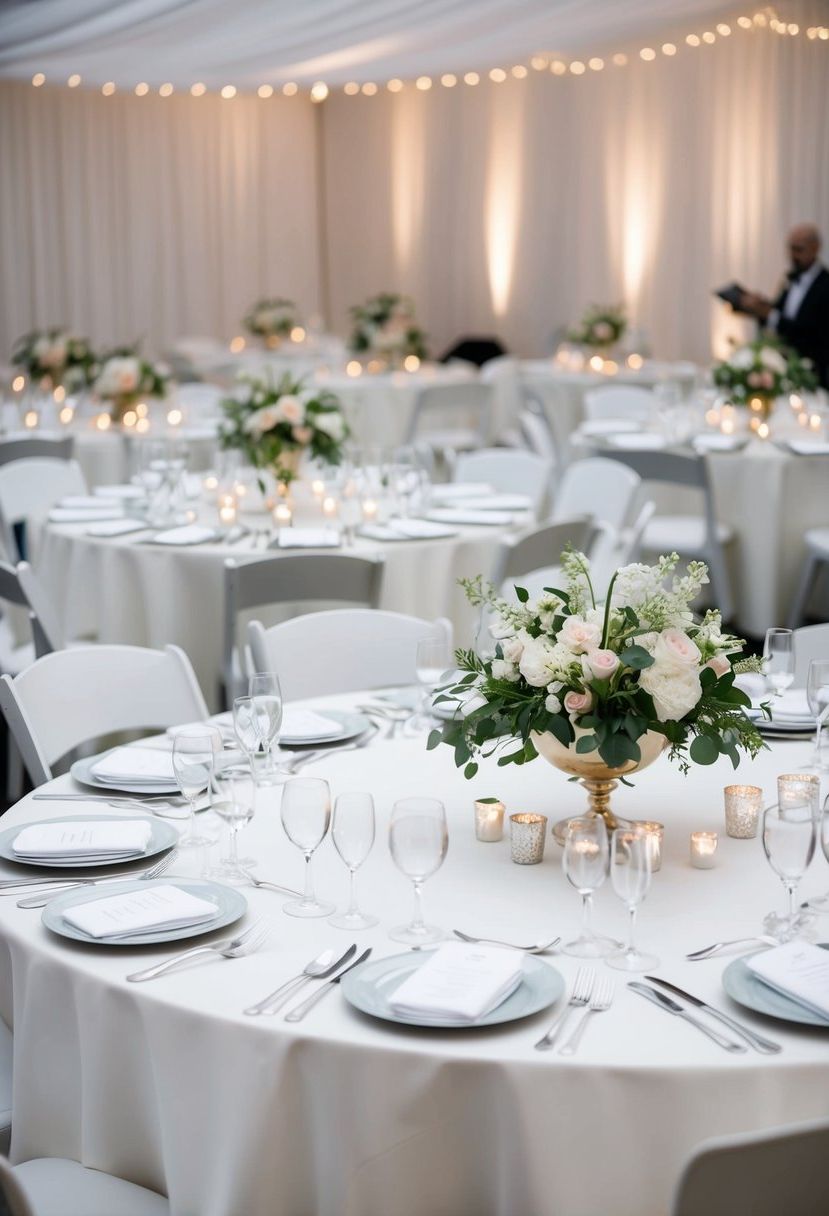 White tablecloths draped over tables, adorned with delicate floral centerpieces and sparkling silverware, create an elegant wedding setting
