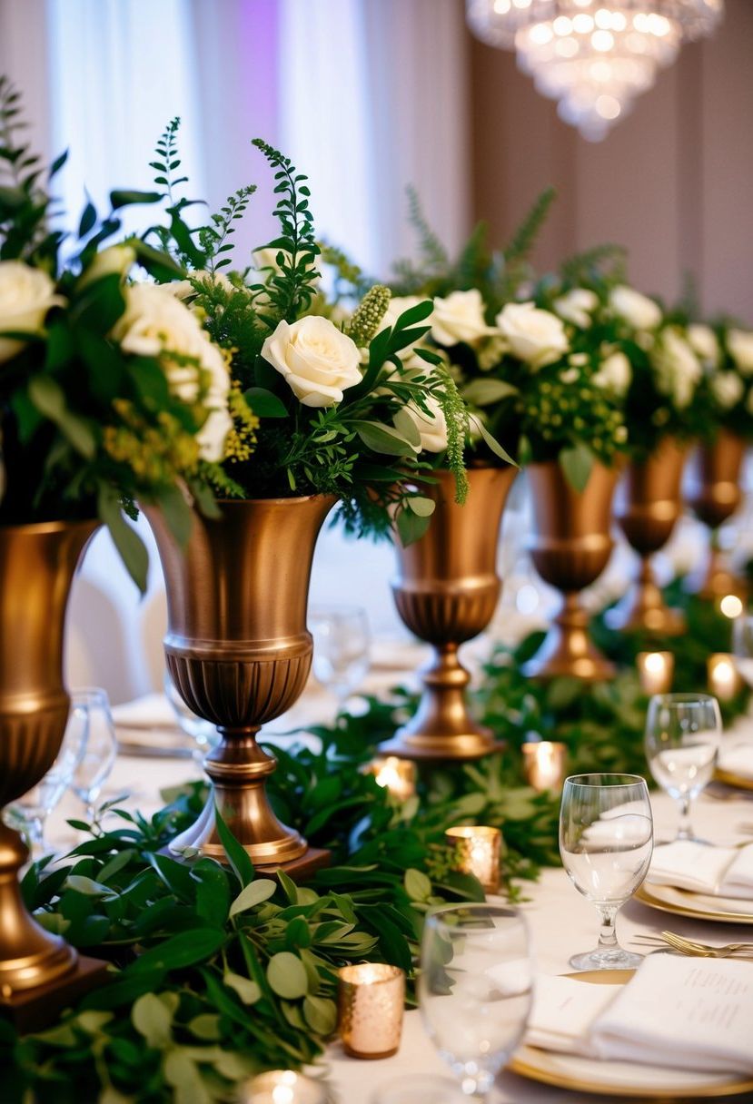 Bronze vases filled with lush greenery adorn a wedding table, exuding elegance and sophistication