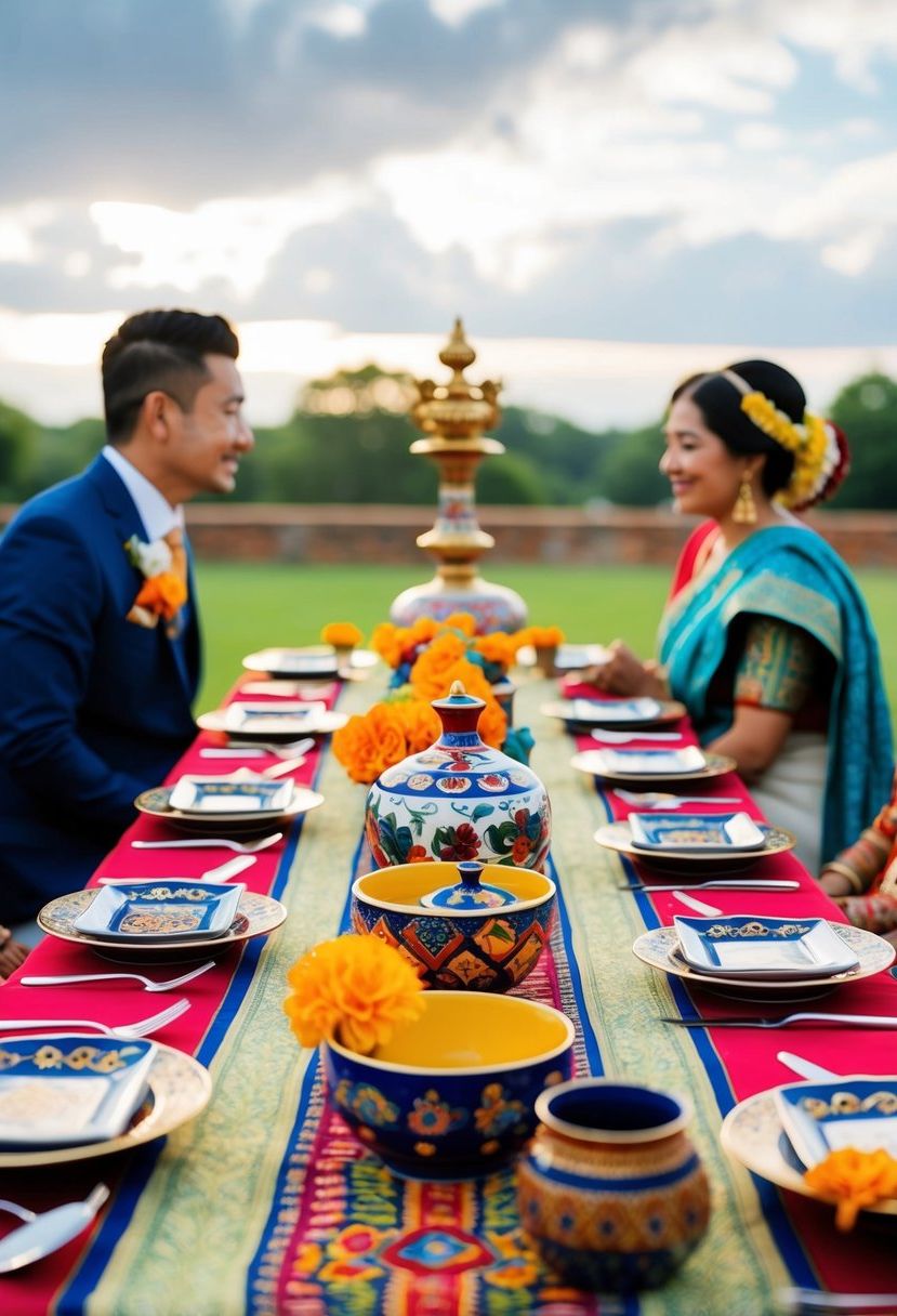 A table adorned with vibrant textiles, traditional ceramics, and symbolic objects from the couple's cultural heritage