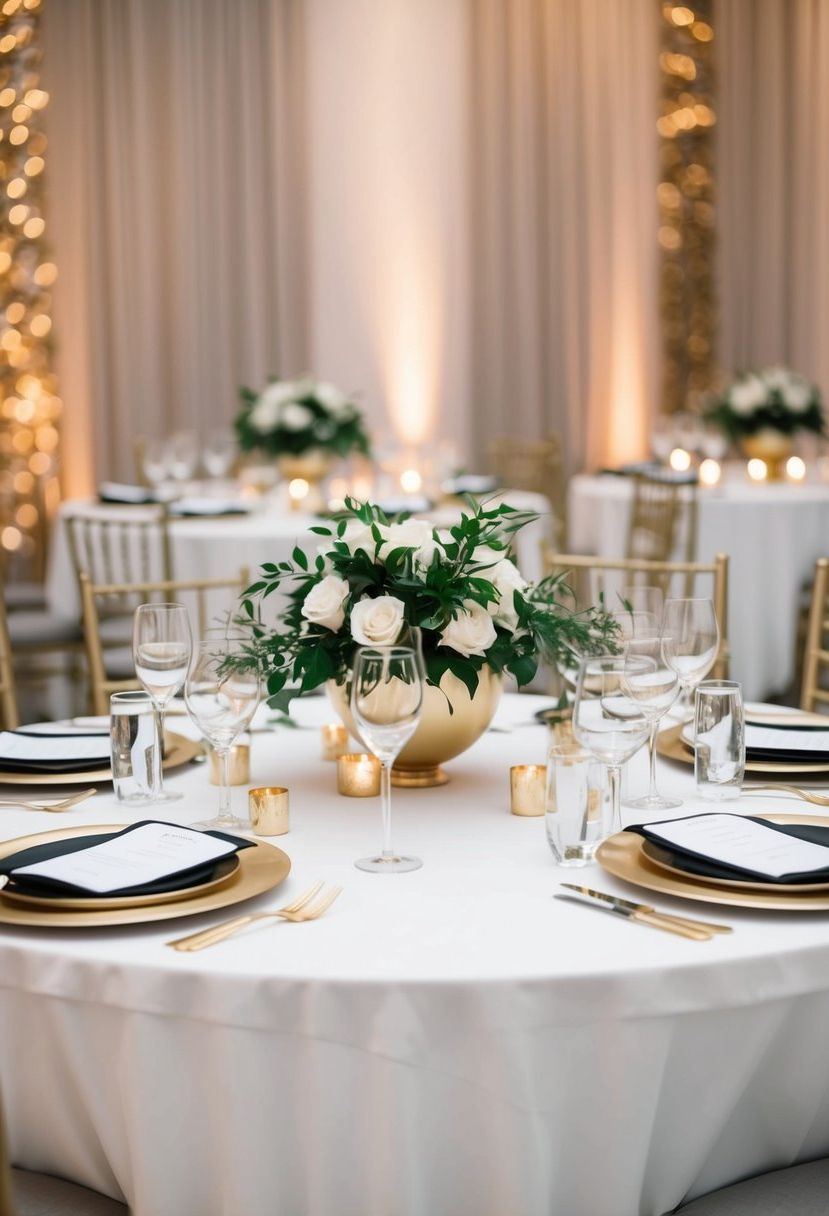 Elegant modern wedding table set with sleek white tablecloths and gold accents