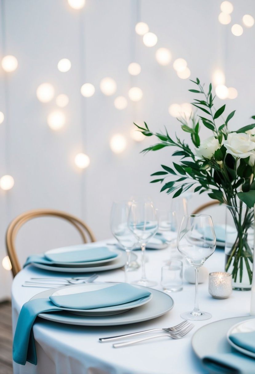 Sleek glassware arranged on a white table with minimal decor, creating a modern and elegant wedding table setting