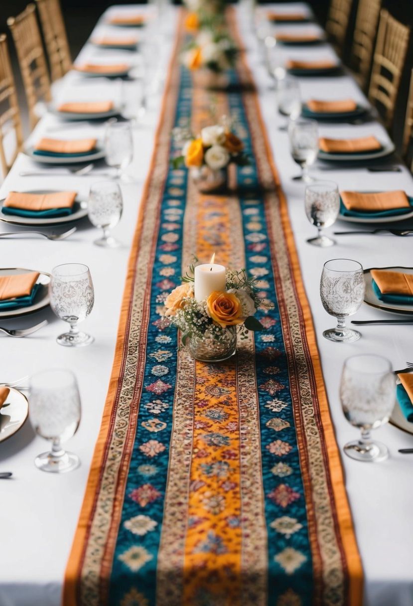 A long, colorful table runner adorned with intricate patterns and textures, adding visual interest to the wedding table decor