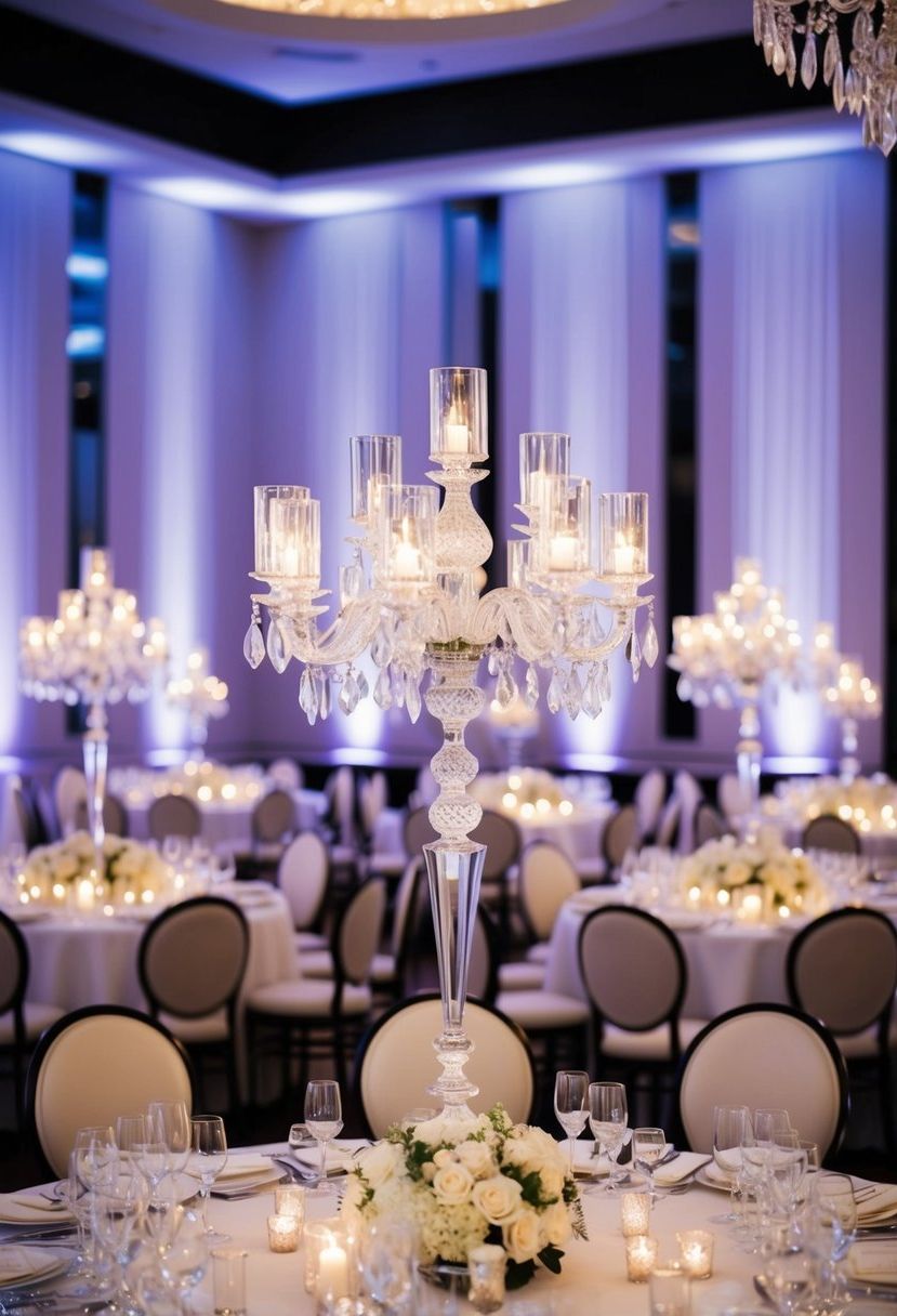A grand table adorned with crystal candelabras exudes timeless elegance for a modern wedding
