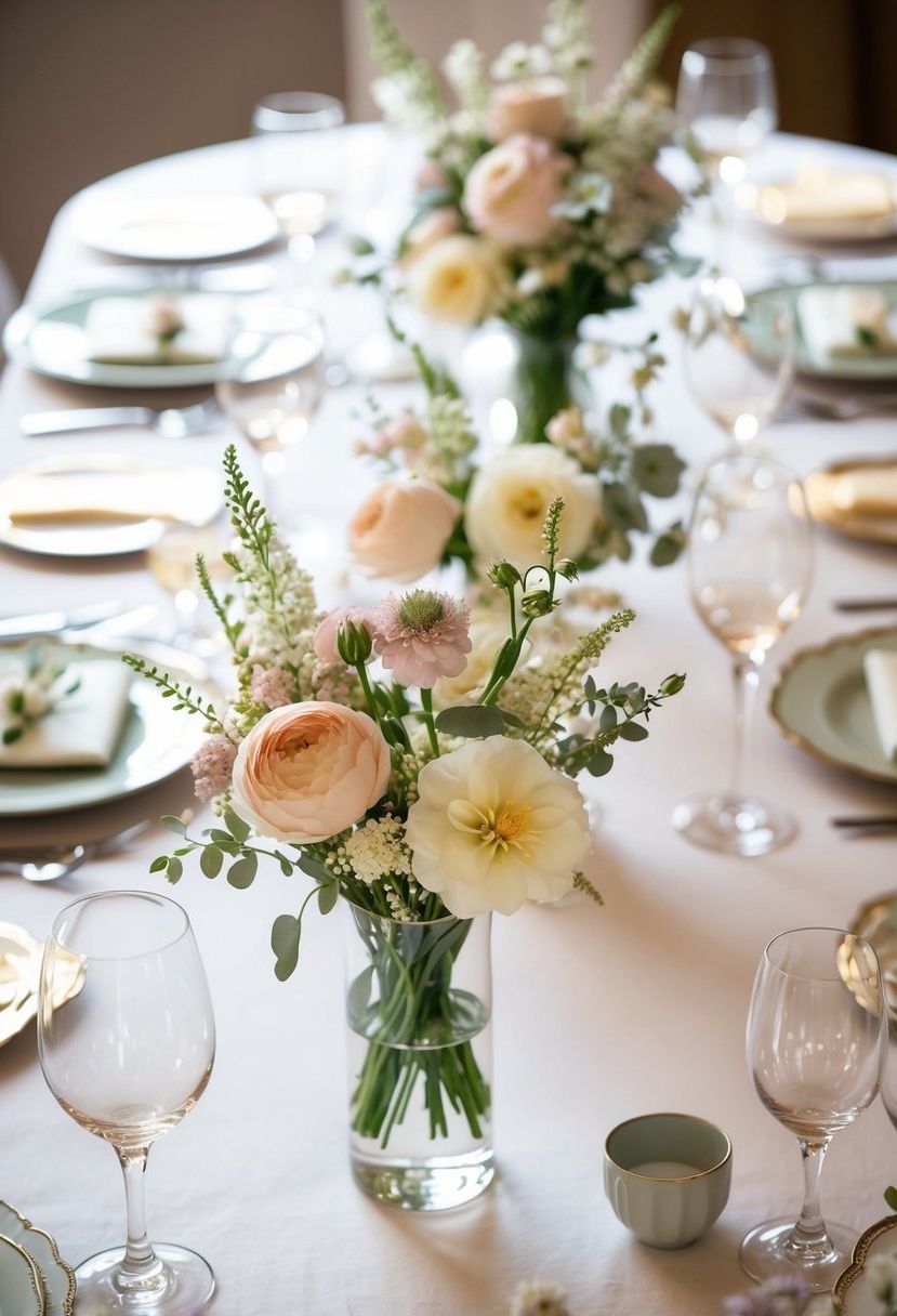 A table adorned with delicate floral arrangements in soft pastel colors, creating an elegant and romantic atmosphere for a wedding celebration