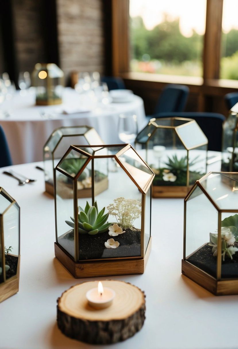 Hexagon terrariums arranged as modern wedding table decor